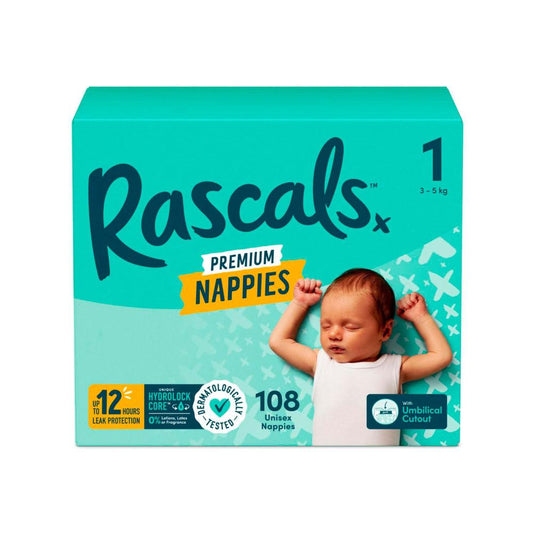 Rascals Premium Nappies Size 1 (3-5kg) - 108 Pack