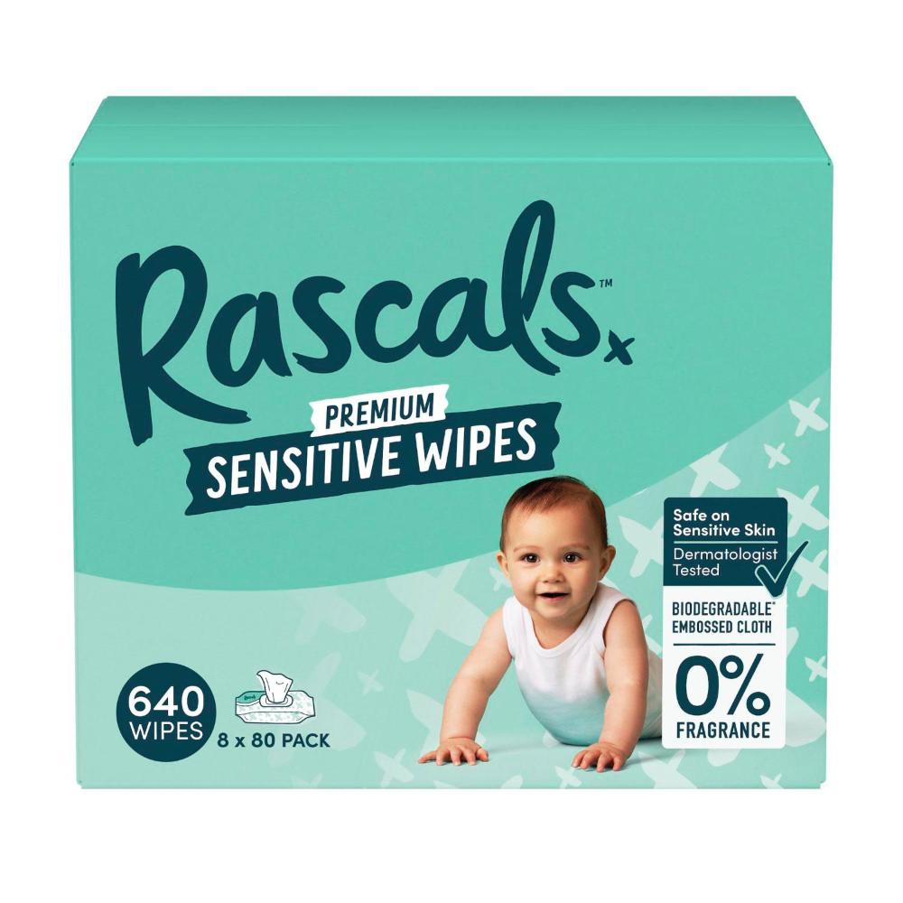 Rascals Premium Sensitive Wipes Plastic Free Cloth - 640 Pack