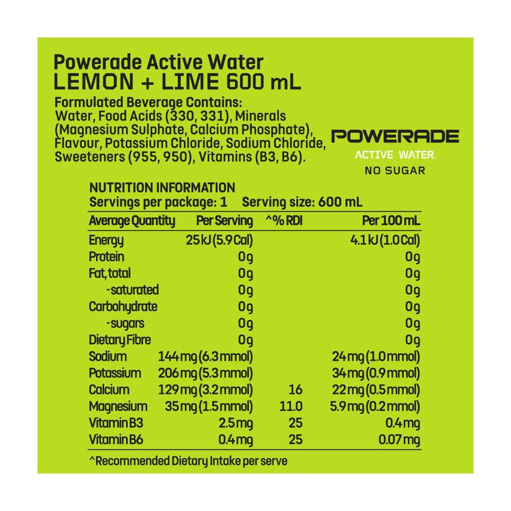 Powerade Active Water Lemon Lime - 600mL