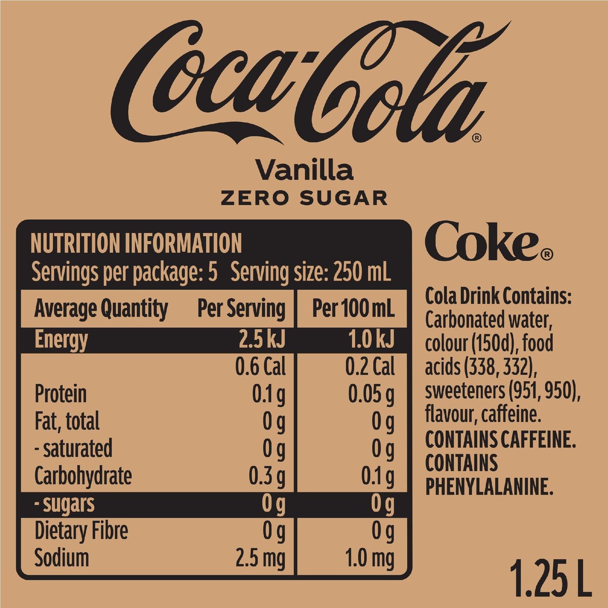 Coca-cola Vanilla Zero Sugar Soft Drink Bottle 1.25l