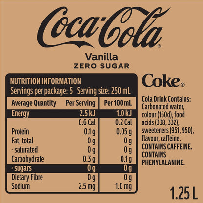 Coca-cola Vanilla Zero Sugar Soft Drink Bottle 1.25l