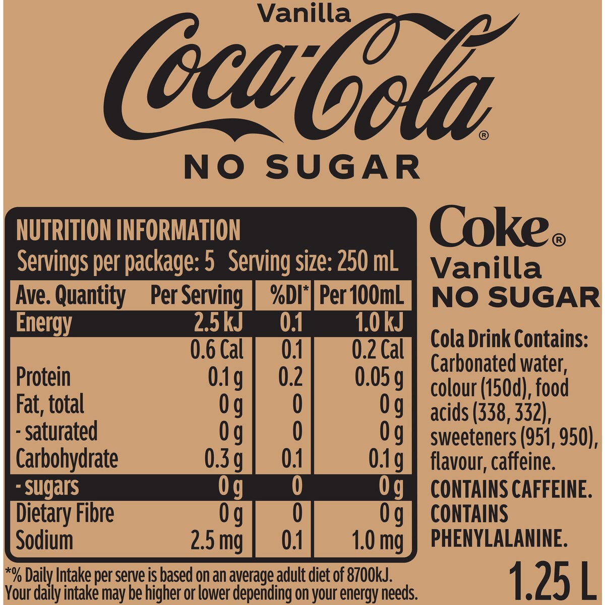 Coca-cola Vanilla Zero Sugar Soft Drink Bottle 1.25l