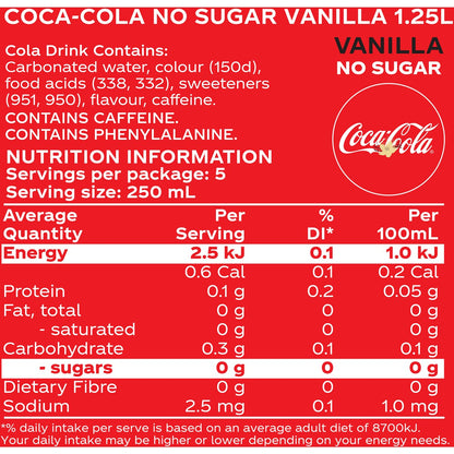 Coca-cola Vanilla Zero Sugar Soft Drink Bottle 1.25l