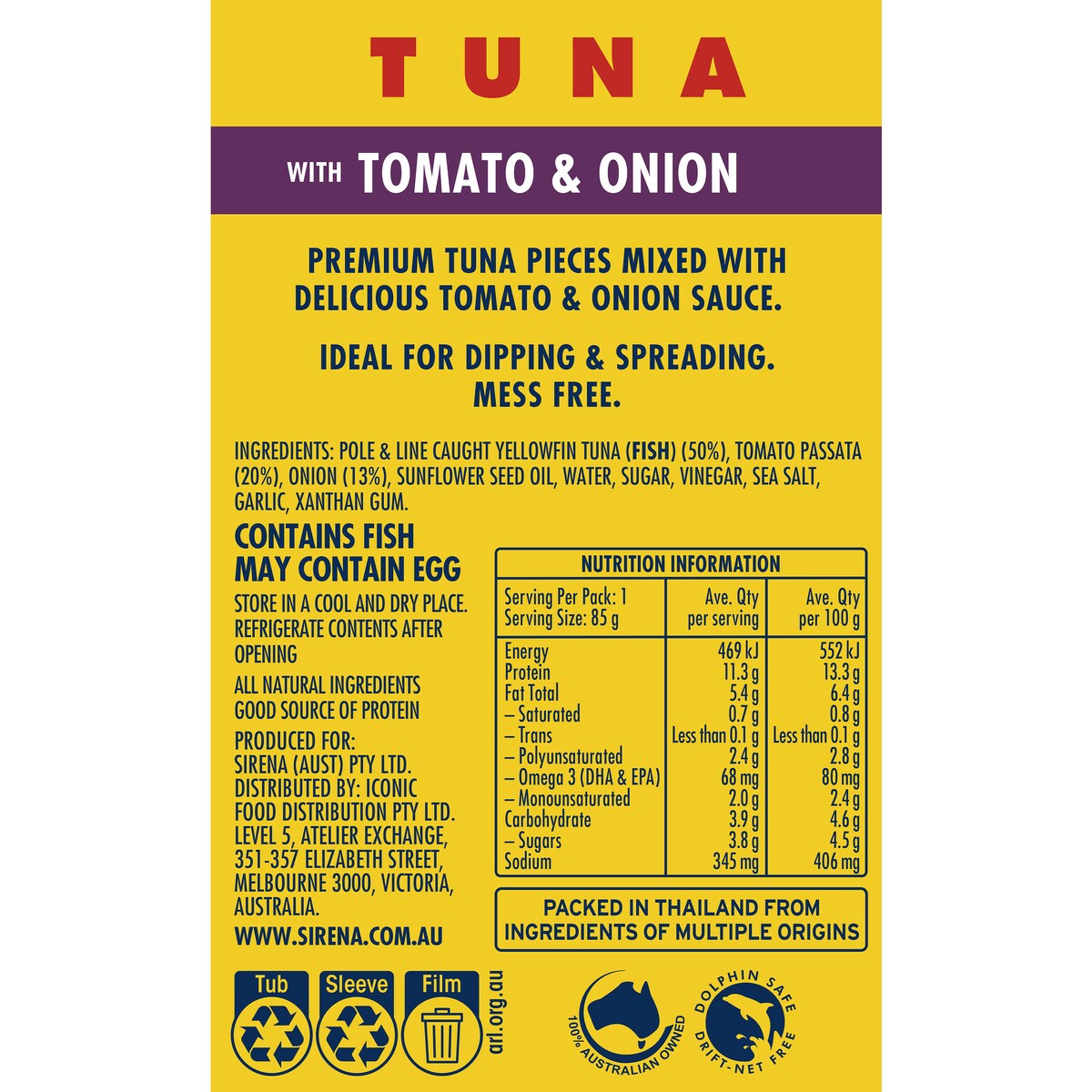 Sirena Tuna Snack Tub Tomato & Onion Snacking 85g