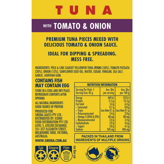 Sirena Tuna Snack Tub Tomato & Onion Snacking 85g