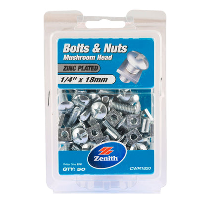 Zenith Mushroom Head Bolt & Nut - 1/4 x 20mm - 50 Pack
