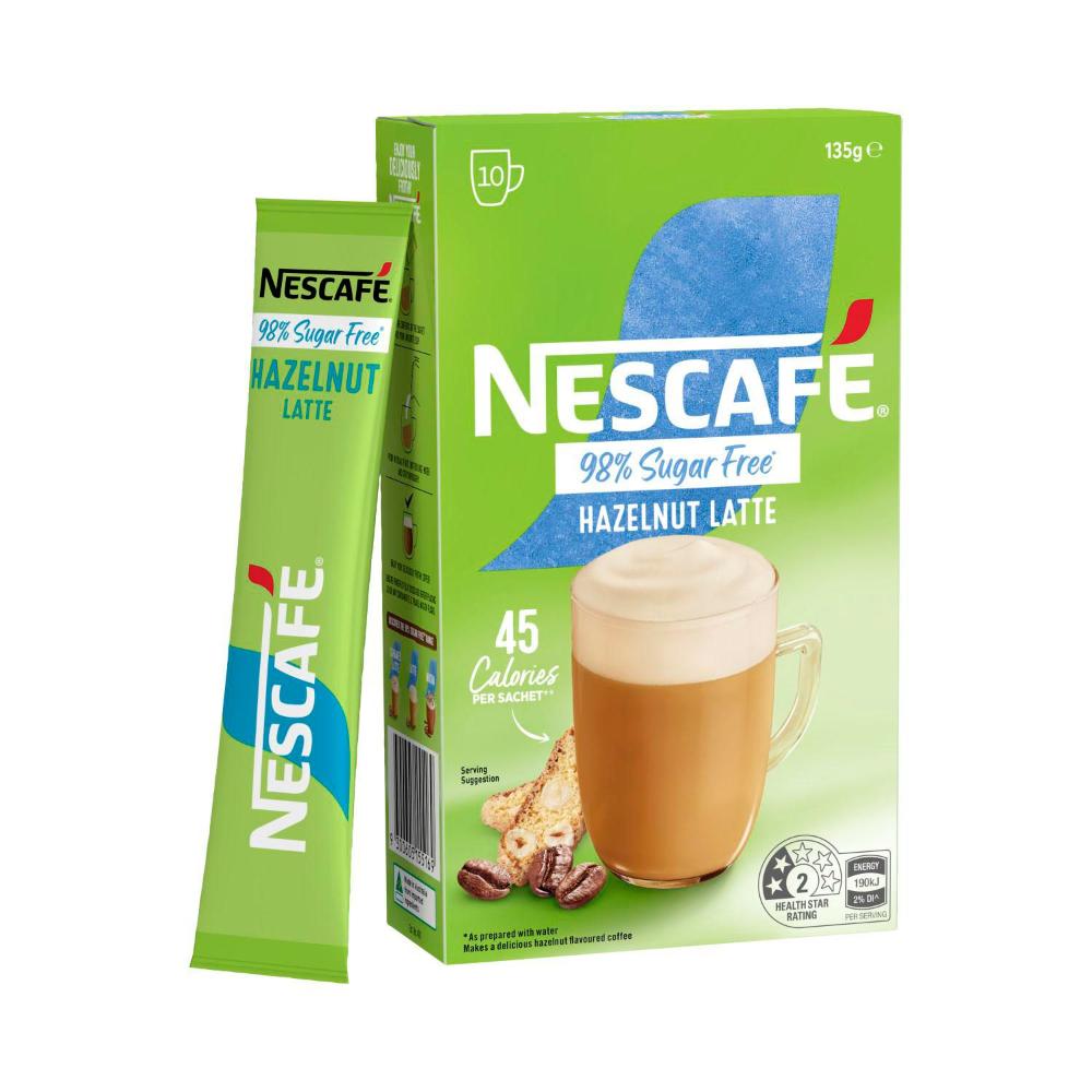 Nescafe Coffee 98% Sugar Free Hazelnut Coffee Sachets - 10 Pack