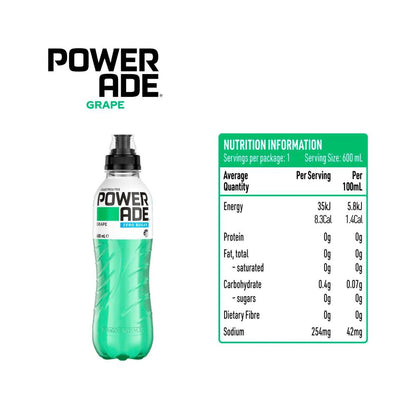 Powerade Zero Sugar Grape Sports Drink Sipper Cap Bottle - 600mL