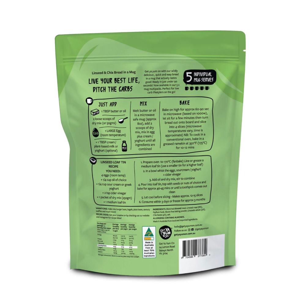 Get Ya Yum On 90 Sec Keto Bread In A Mug Mix - 5xMug Serves - Linseed Chia - 250g