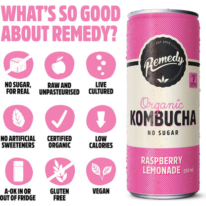Remedy Raspberry Lemonade Kombucha 250ml X 4 Pack