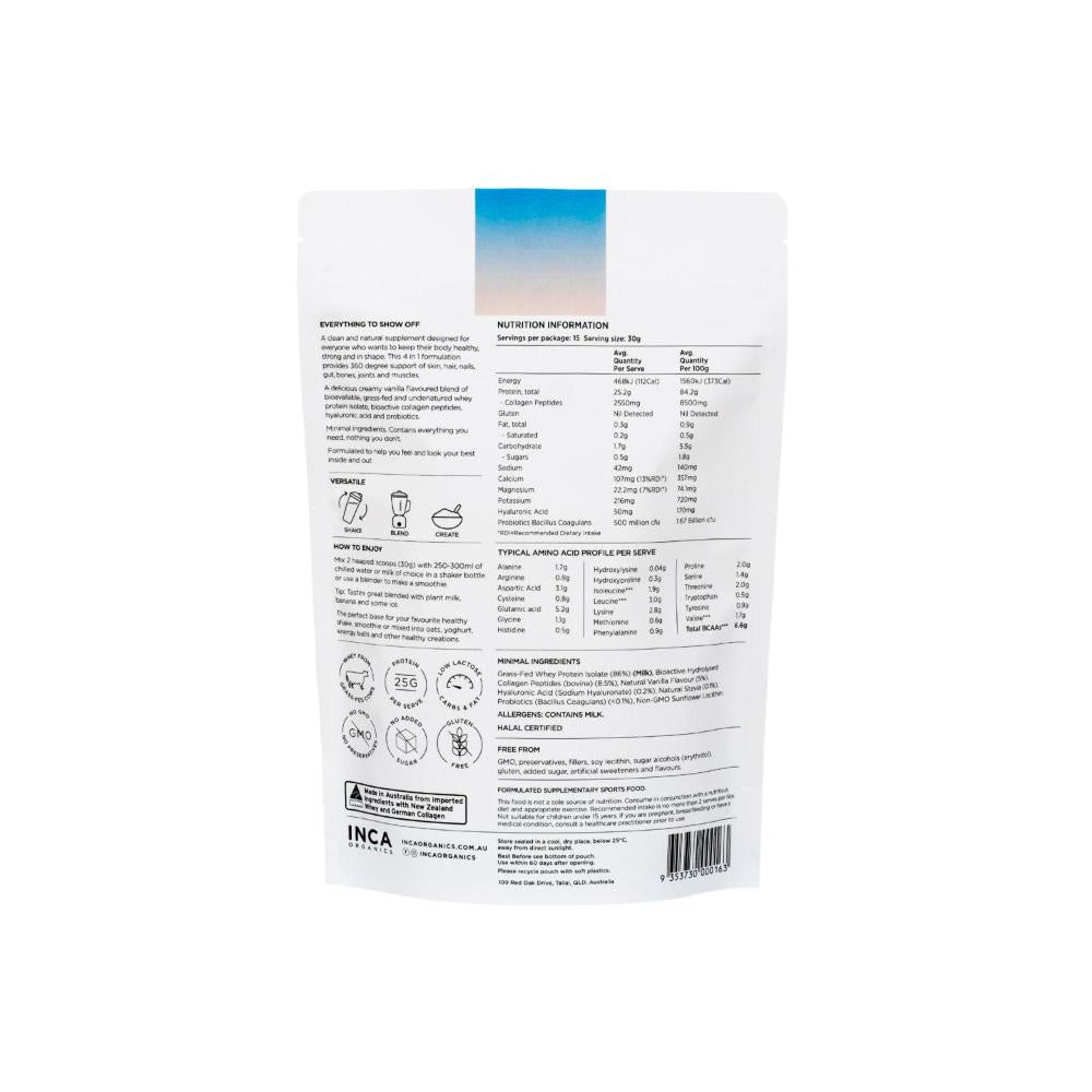INCA Organics Skin Body Gut Collagen Whey Protein - Creamy Vanilla - 450g