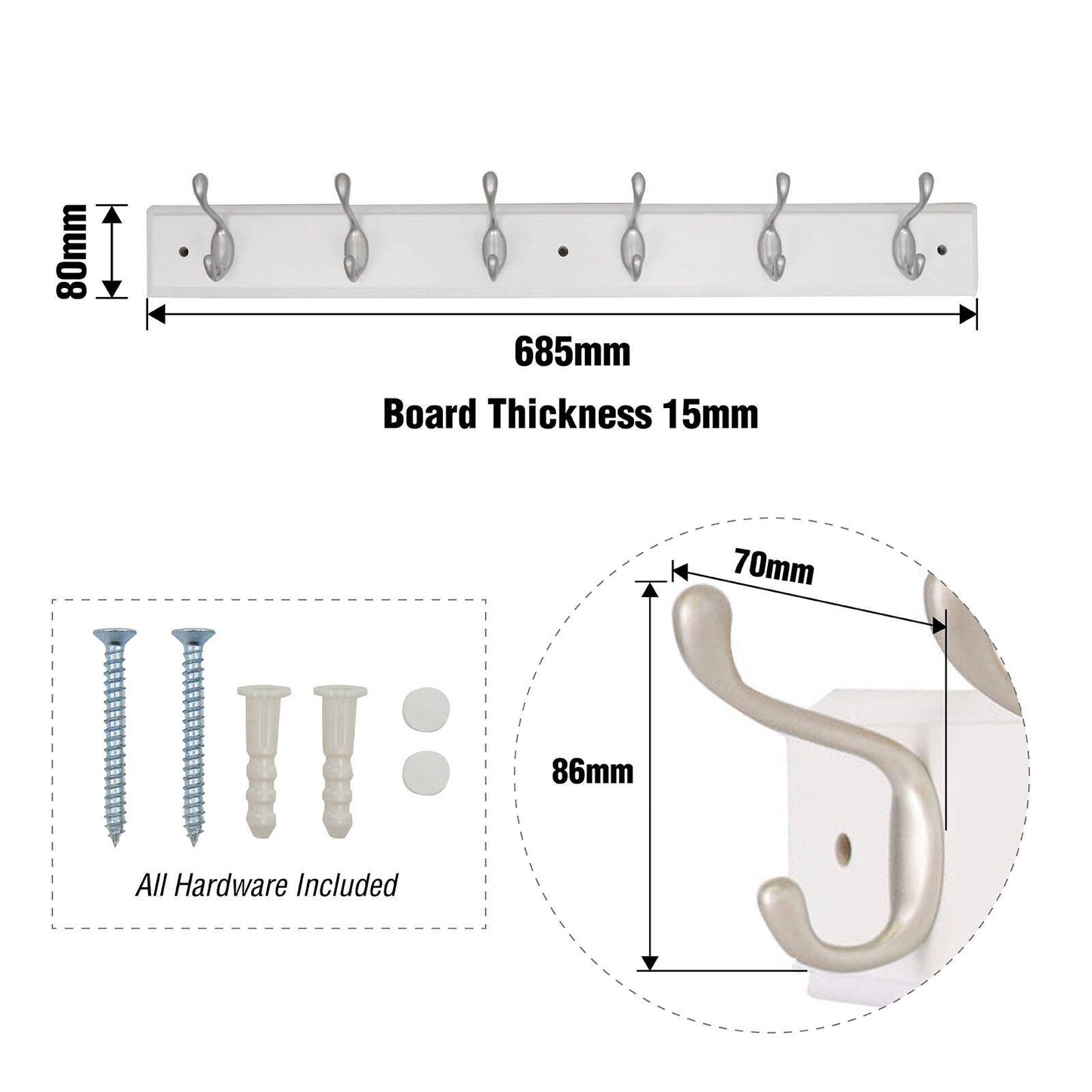 Syneco White Board Coat Rack - 6 Hooks - 685 x 100 x 75mm