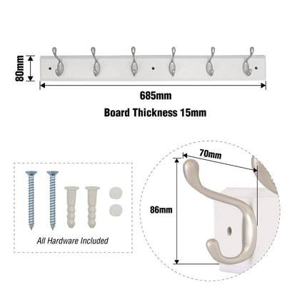 Syneco White Board Coat Rack - 6 Hooks - 685 x 100 x 75mm