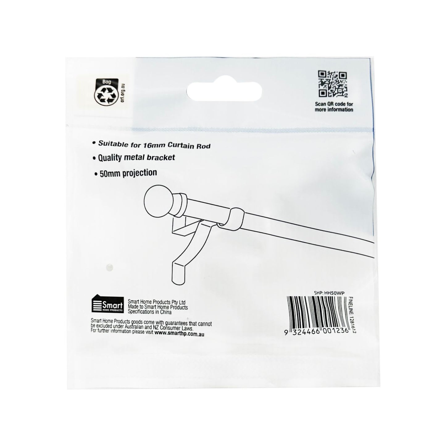 Windoware Single Stayed Curtain Rod Bracket - 50mm - 2 Pack - White