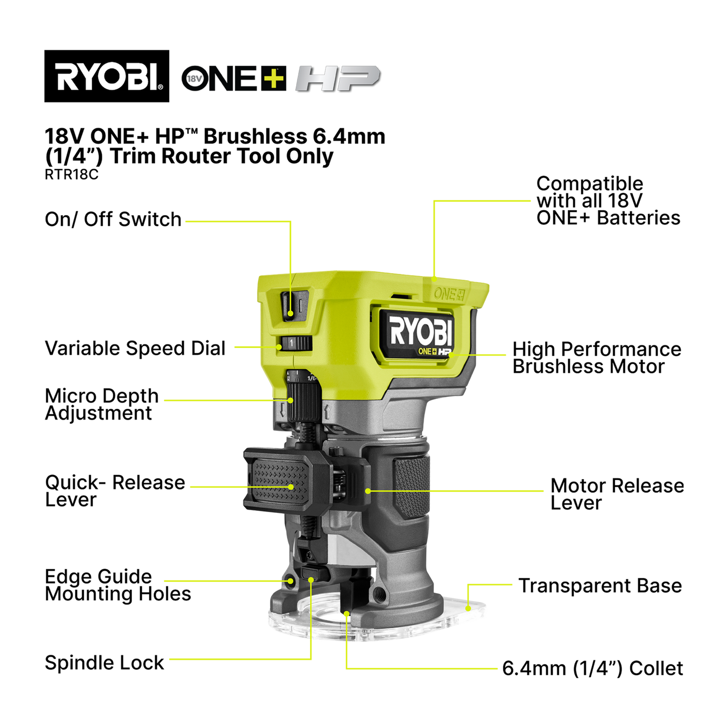 Ryobi One Brushless Trim Router - 6.4mm