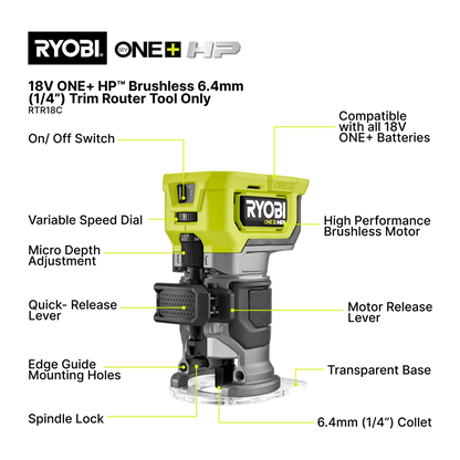 Ryobi One Brushless Trim Router - 6.4mm
