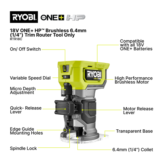 Ryobi One Brushless Trim Router - 6.4mm