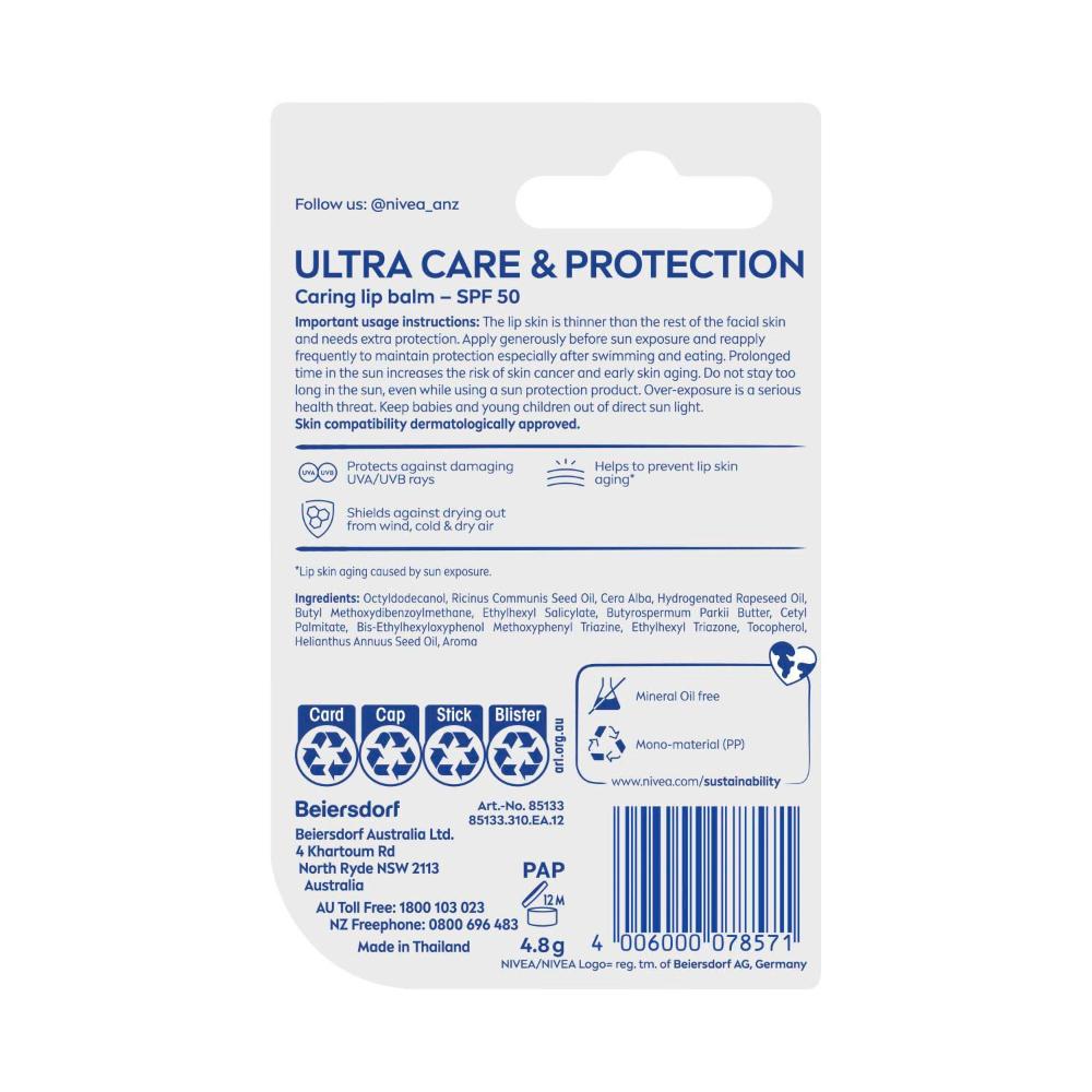 Nivea Lip Balm Ultra Care Sun Protect Spf 50+ - 4.8g