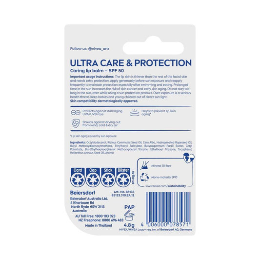 Nivea Lip Balm Ultra Care Sun Protect Spf 50+ - 4.8g
