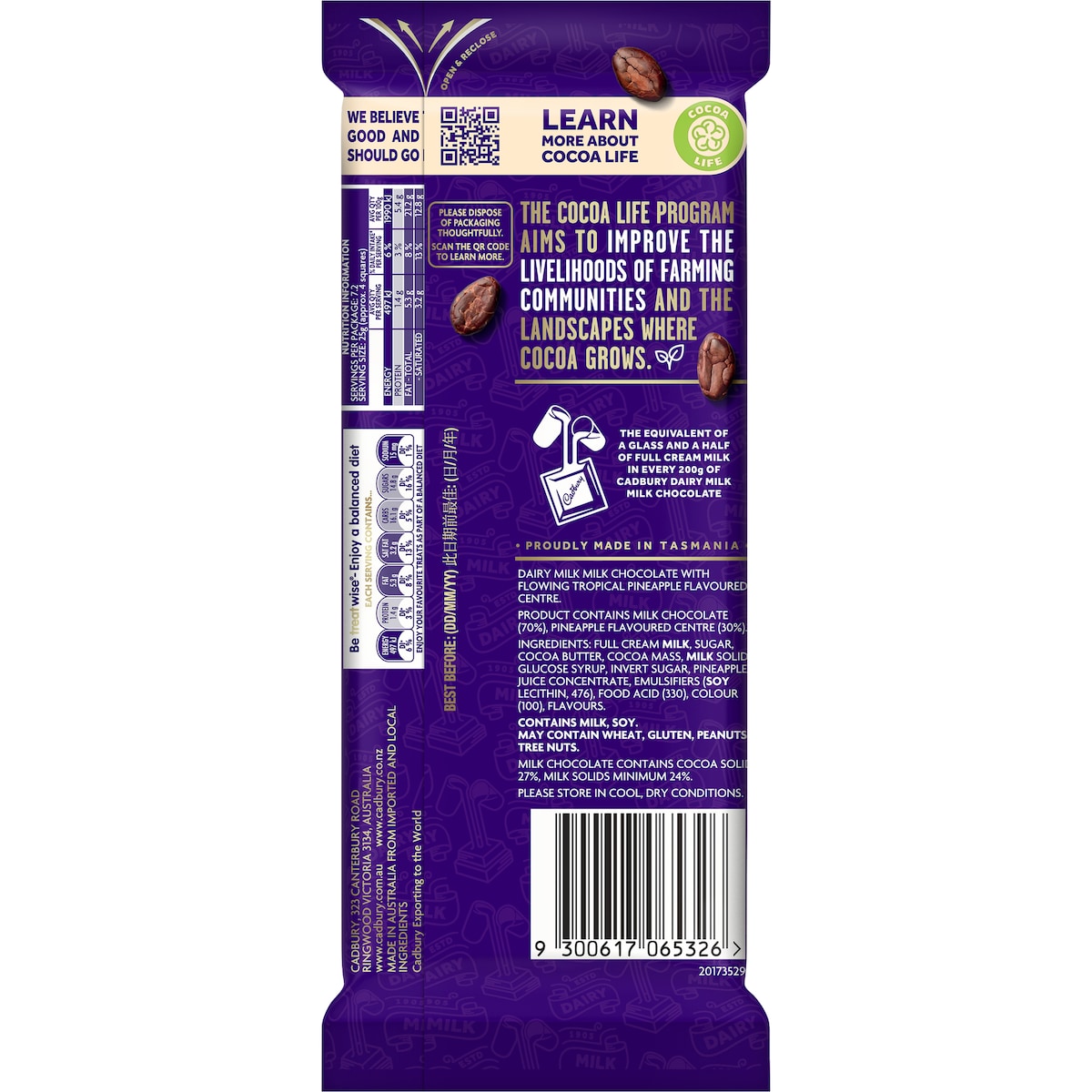 Cadbury Dairy Milk Tropical Pineapple Chocolate Block 180g