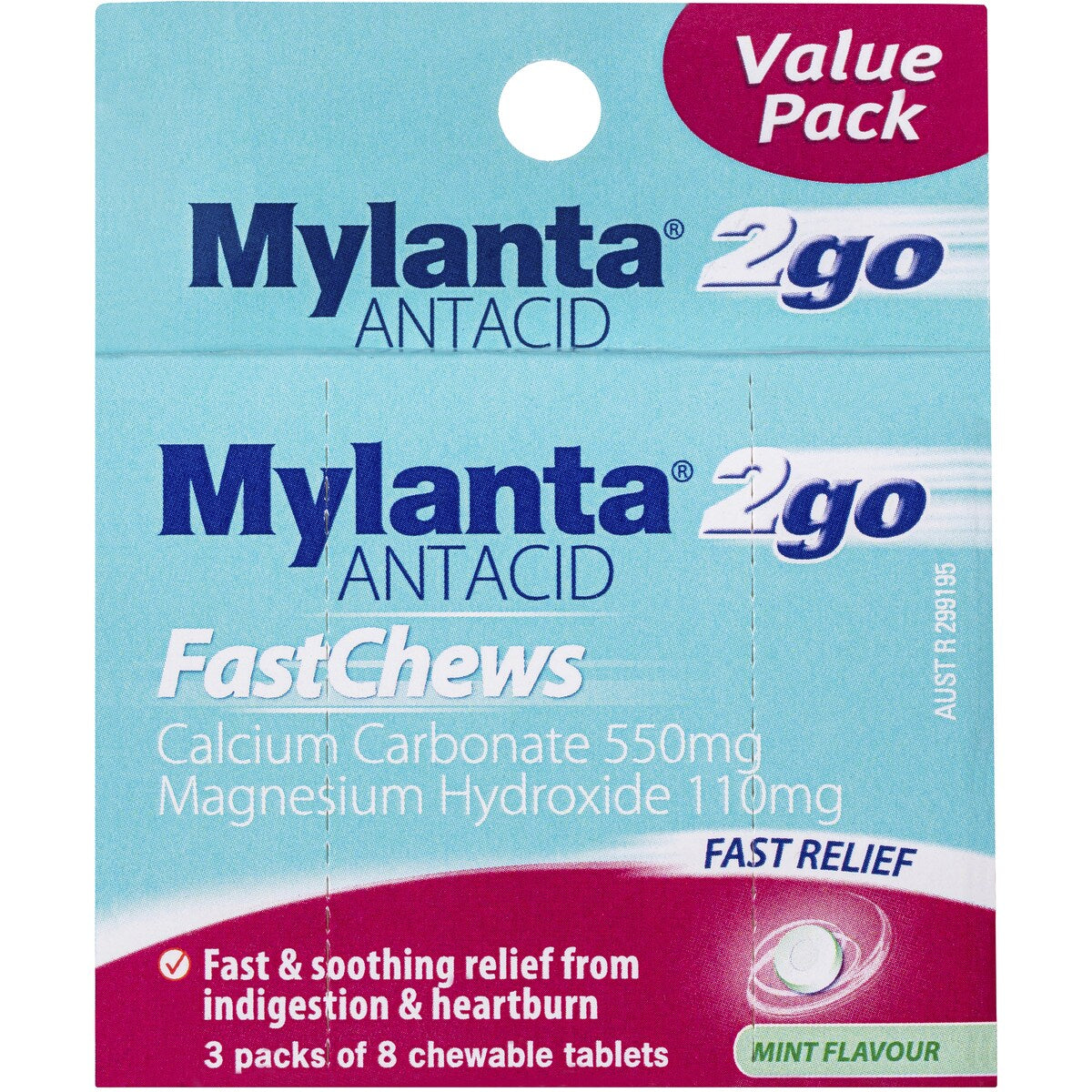 Mylanta Fastchews Antacid Tablets Mint 3 x 8 Pack