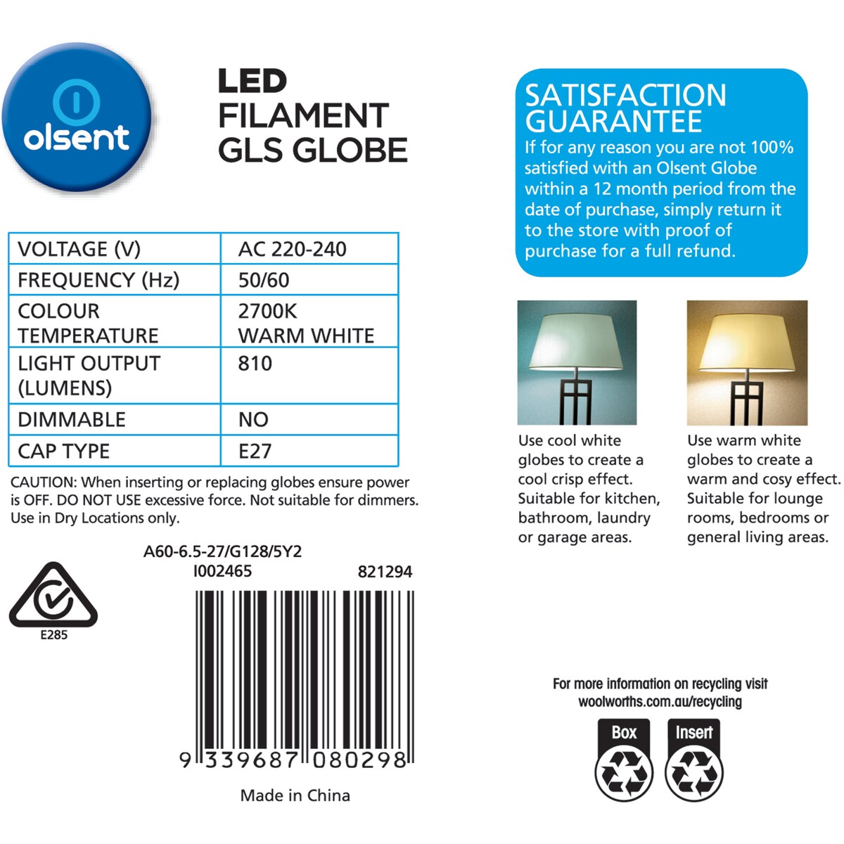 Olsent Led Filament Gls Es 6.5w 810lm 2 Pack