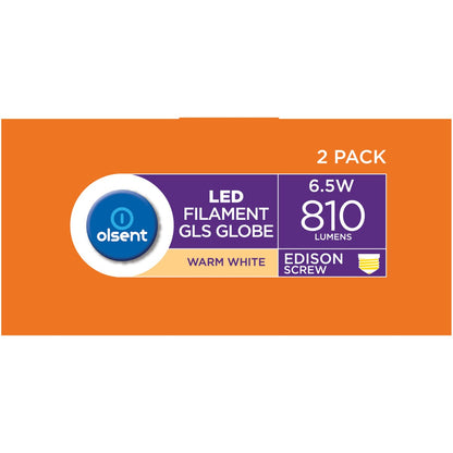 Olsent Led Filament Gls Es 6.5w 810lm 2 Pack
