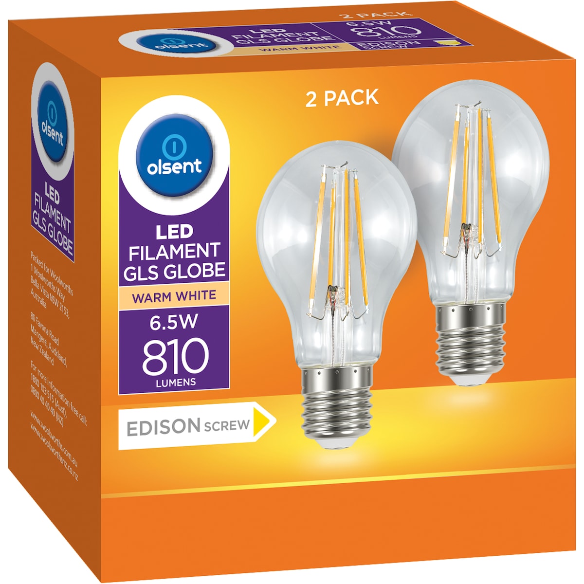 Olsent Led Filament Gls Es 6.5w 810lm 2 Pack