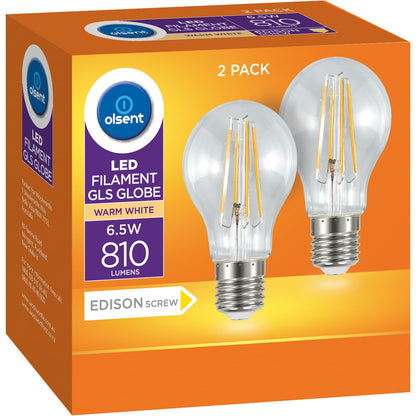 Olsent Led Filament Gls Es 6.5w 810lm 2 Pack