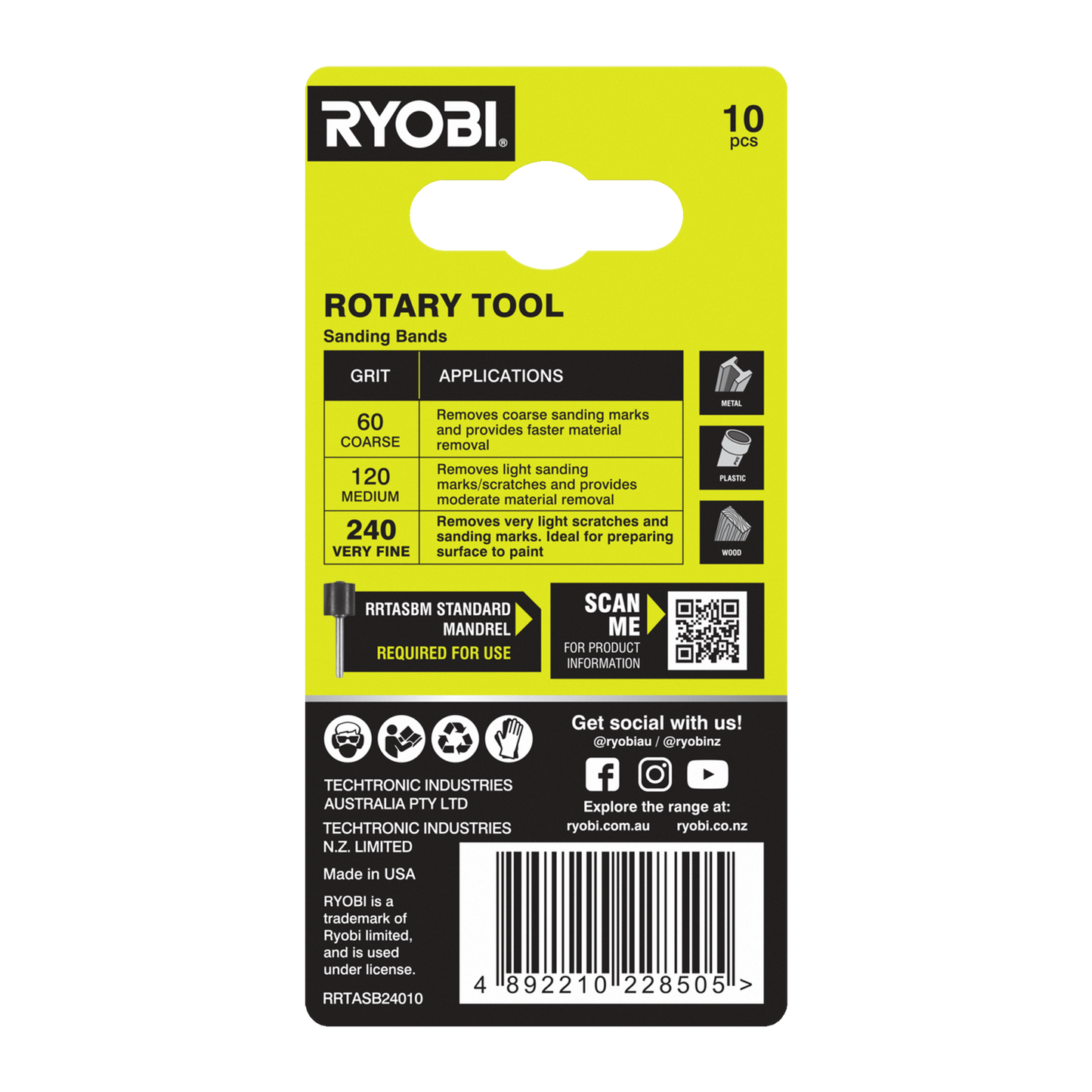 Ryobi Grit Sanding Band - 240 Grit - 38mm - 10 Pack