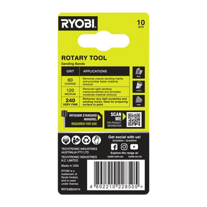 Ryobi Grit Sanding Band - 240 Grit - 38mm - 10 Pack