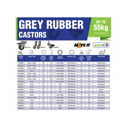 Move It Swivel Castor - 25mm - Rubber - With Brake
