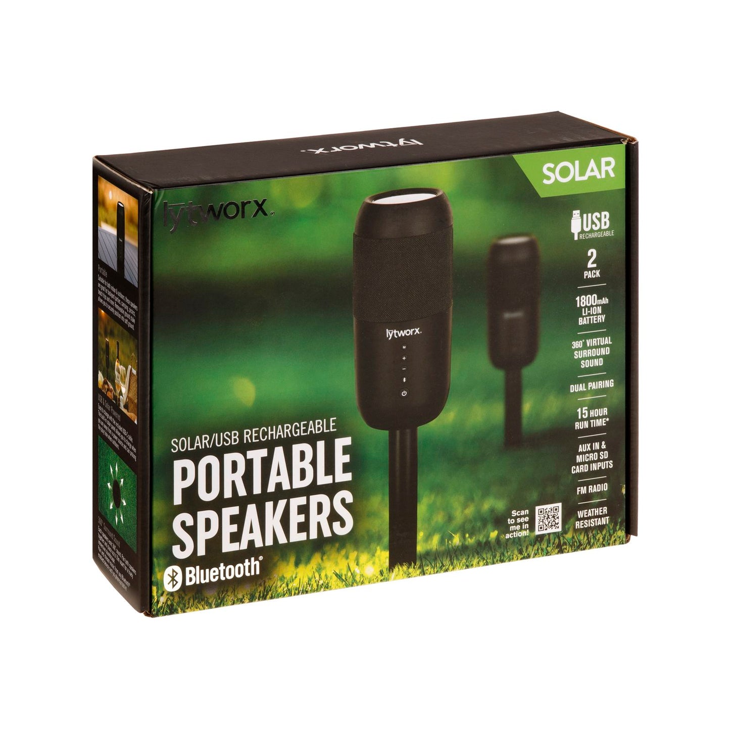 Lytworx Solar USB Portable Bluetooth Speakers - 2 Pack - 395 x 75 x 75mm