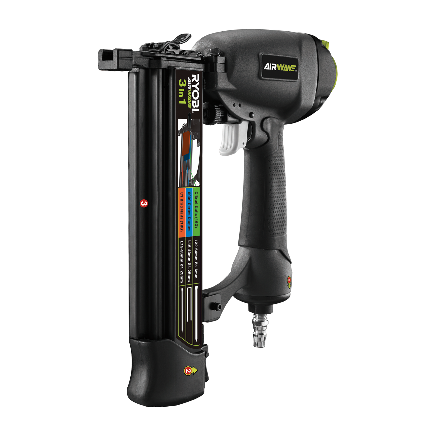 Ryobi Airwave 3 in 1 Air Brad Nailer and Stapler - 15-64mm