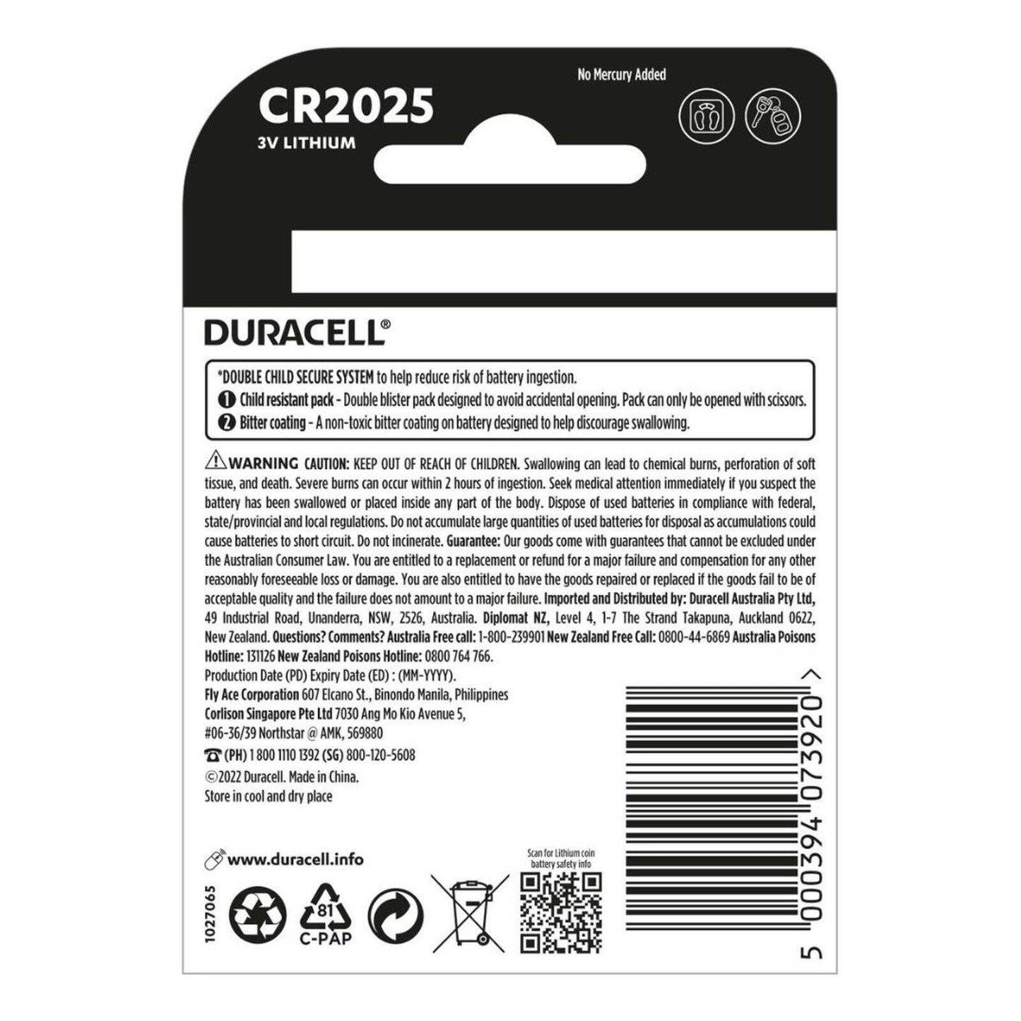 Duracell Specialty Lithium Coin - CR2025 - 3V - 4 Pack