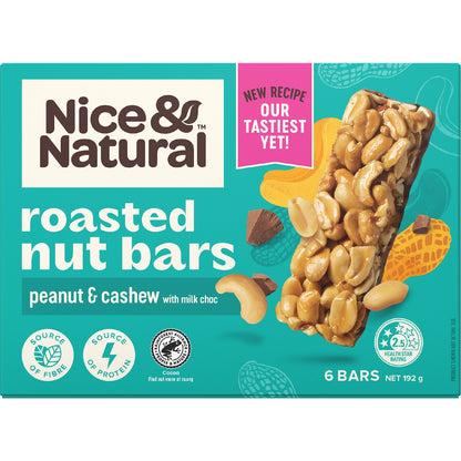 Nice & Natural Roasted Nut Bars Peanut & Cashew With Milk Choc 6 Pack