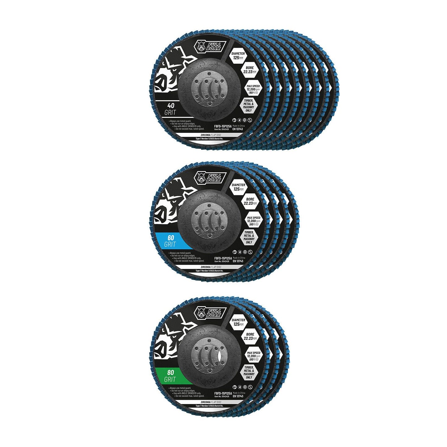 Full Boar Zirconia Flap Disc - 125mm - 40,60,80 Grit - 15 Pack