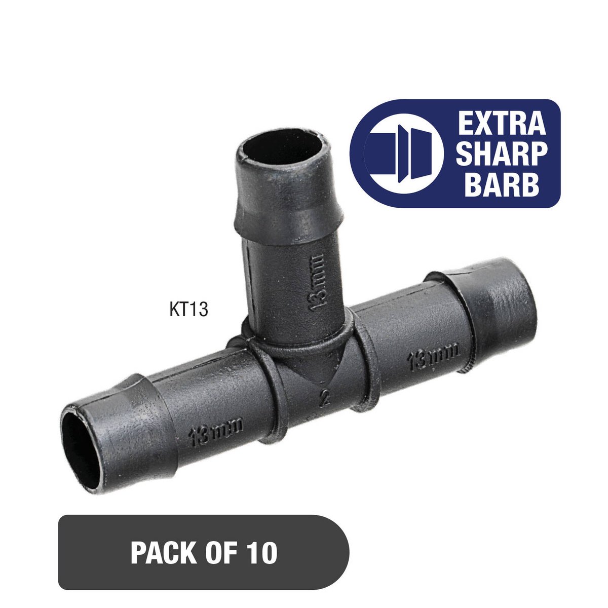 K Rain 13mm Barbed Tee 10 Pack - Black - UV Stabilised Polypropylene
