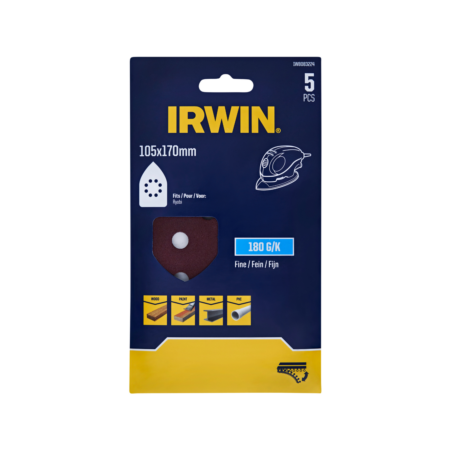 Irwin Detail Sheets - 180 Grit - 105 x 170mm - 5 Pack