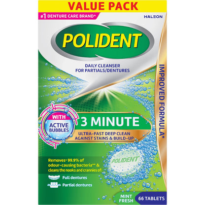 Polident 3 Minute Daily Cleanser For Dentures & Partials 66 Pack