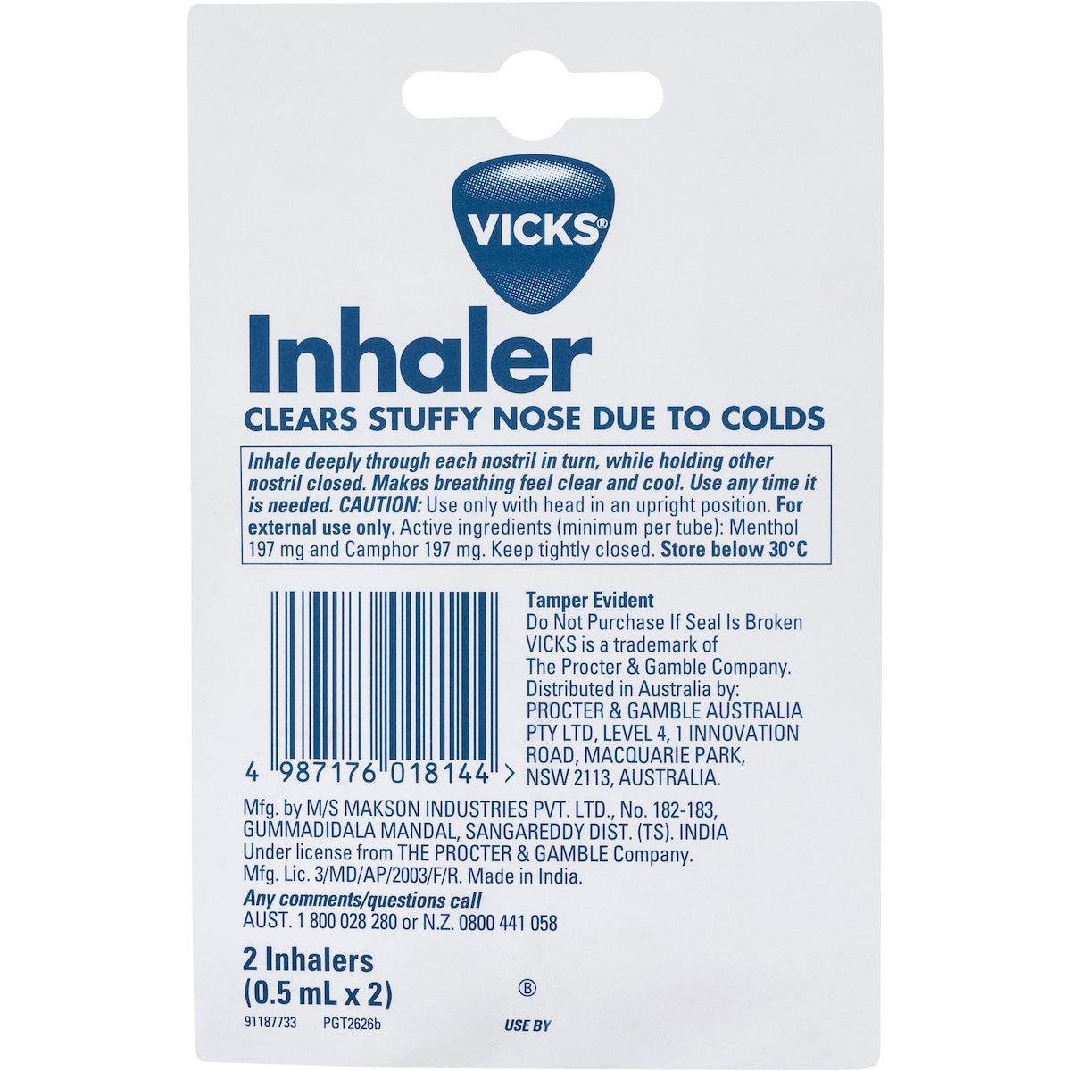 Vicks Nasal Decongestant Inhaler Twin 0.5ml X 2 Pack