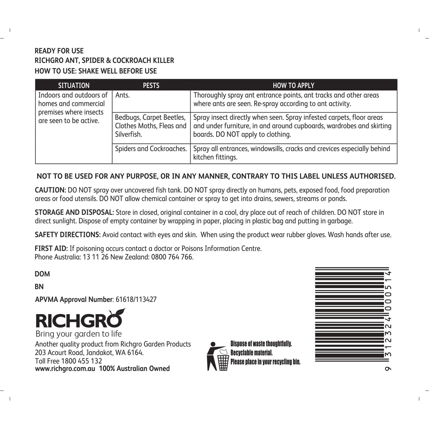Richgro Ant Spider Cockroach Killer - 3L
