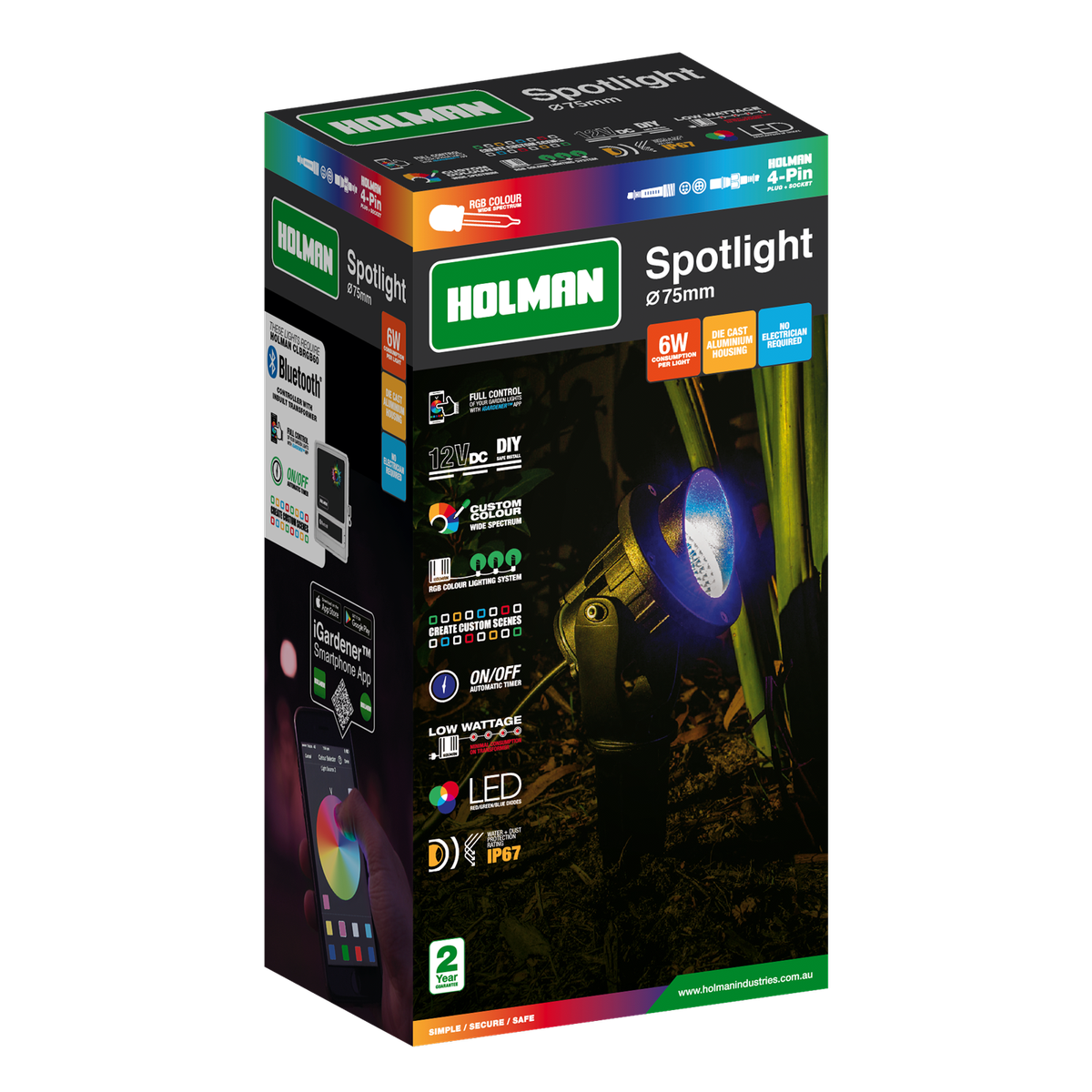 Holman RGB Colour Spotlight - 75mm - Matte Black - Waterproof - Dimmable
