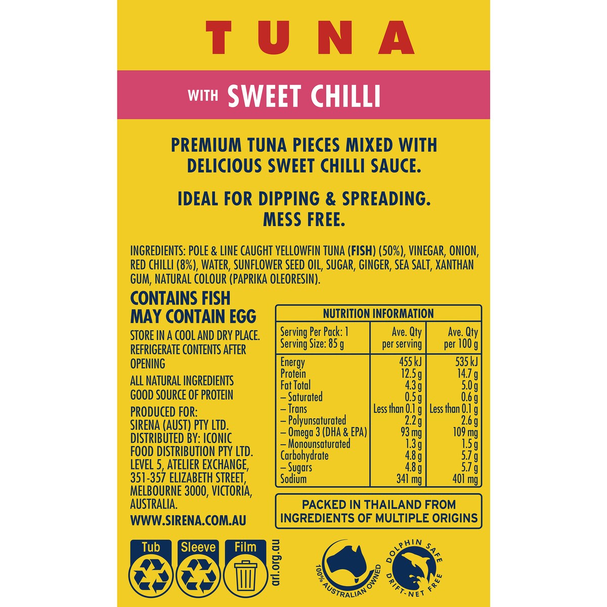 Sirena Tuna Snack Tub Sweet Chilli Snacking 85g