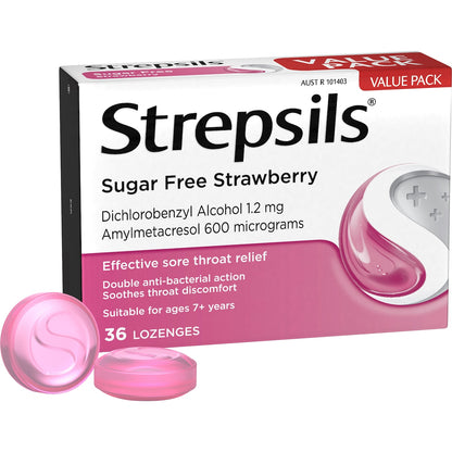 Strepsils Sore Throat Sugar Free Strawberry Lozenges 36 Pack