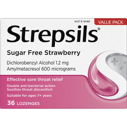 Strepsils Sore Throat Sugar Free Strawberry Lozenges 36 Pack