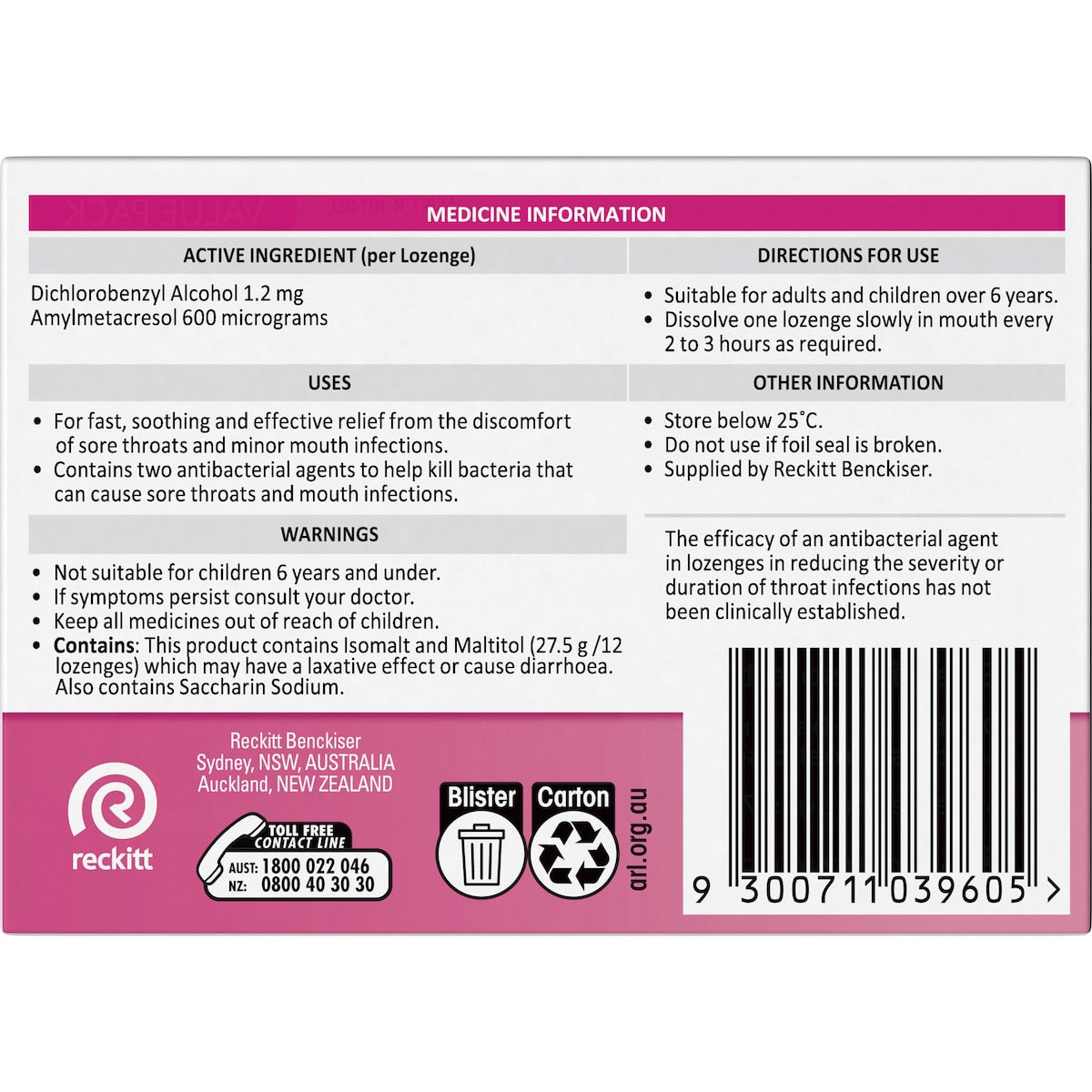 Strepsils Sore Throat Sugar Free Strawberry Lozenges 36 Pack