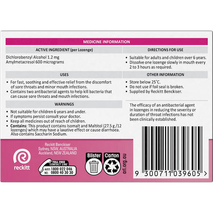 Strepsils Sore Throat Sugar Free Strawberry Lozenges 36 Pack