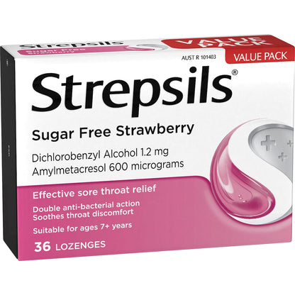 Strepsils Sore Throat Sugar Free Strawberry Lozenges 36 Pack