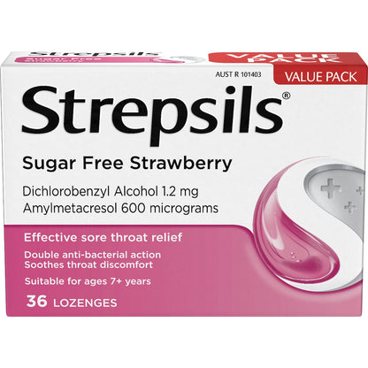 Strepsils Sore Throat Sugar Free Strawberry Lozenges 36 Pack